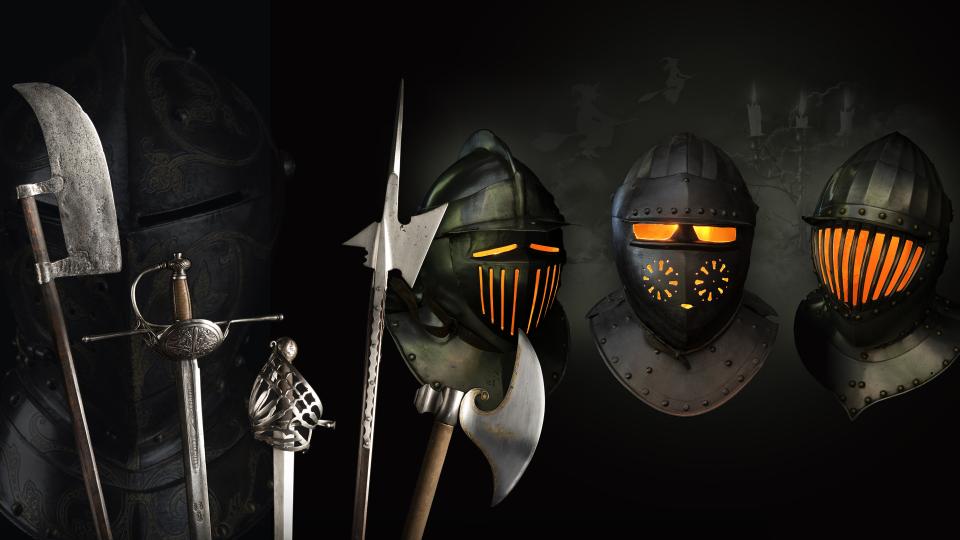 Arms and Armour - visual of helmets and weapons